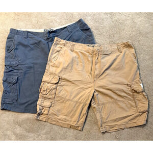 Lot of 2 Plugg Cargo Shorts Mens 48 Beige Blue Cotton Flat Front Zip Fly Casual